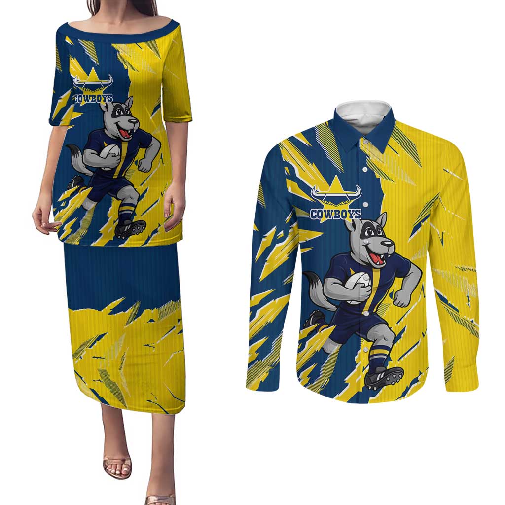 Personalized North Queensland Cowboys Couples Matching Puletasi and Long Sleeve Button Shirt Dynamic Lightning Mascot Rugby Australia