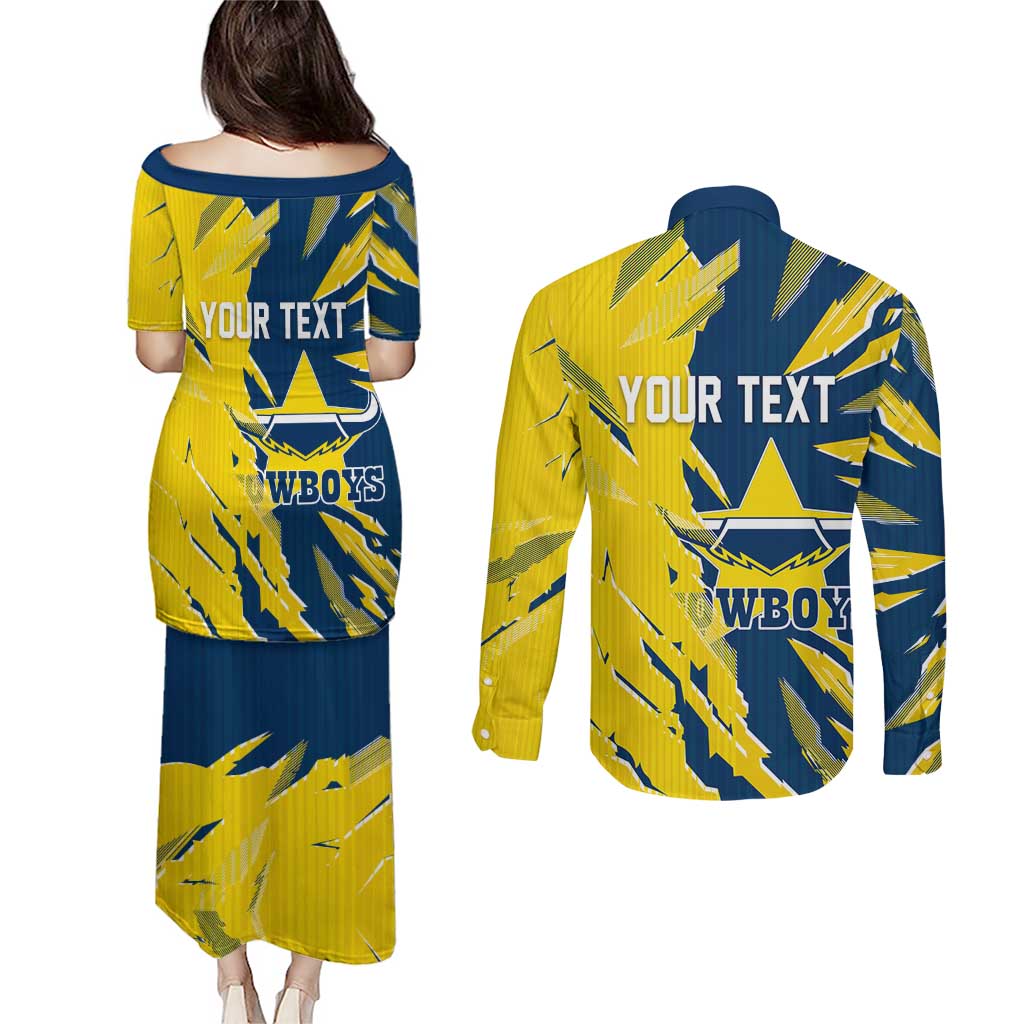 Personalized North Queensland Cowboys Couples Matching Puletasi and Long Sleeve Button Shirt Dynamic Lightning Mascot Rugby Australia
