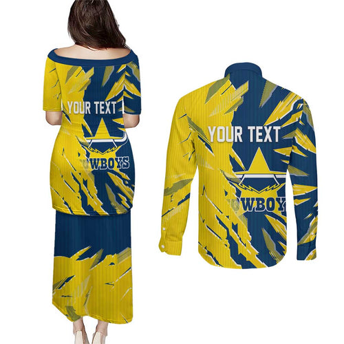 Personalized North Queensland Cowboys Couples Matching Puletasi and Long Sleeve Button Shirt Dynamic Lightning Mascot Rugby Australia