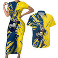 Personalized North Queensland Cowboys Couples Matching Short Sleeve Bodycon Dress and Hawaiian Shirt Dynamic Lightning Mascot Rugby Australia