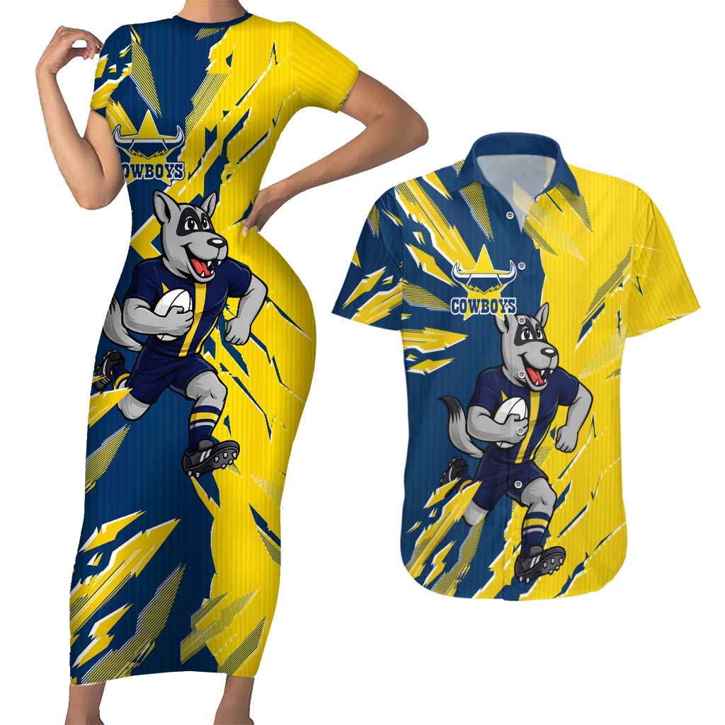 Personalized North Queensland Cowboys Couples Matching Short Sleeve Bodycon Dress and Hawaiian Shirt Dynamic Lightning Mascot Rugby Australia