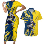 Personalized North Queensland Cowboys Couples Matching Short Sleeve Bodycon Dress and Hawaiian Shirt Dynamic Lightning Mascot Rugby Australia
