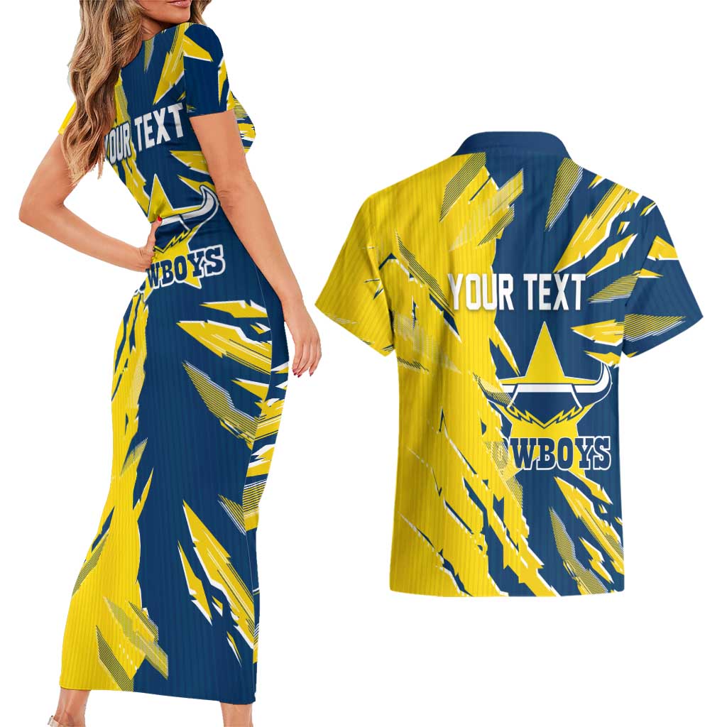 Personalized North Queensland Cowboys Couples Matching Short Sleeve Bodycon Dress and Hawaiian Shirt Dynamic Lightning Mascot Rugby Australia