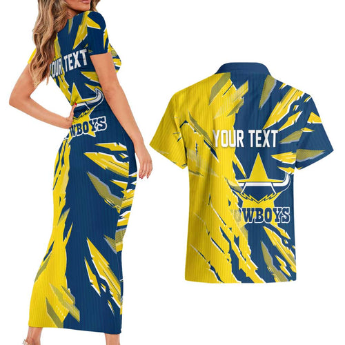 Personalized North Queensland Cowboys Couples Matching Short Sleeve Bodycon Dress and Hawaiian Shirt Dynamic Lightning Mascot Rugby Australia