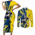 Personalized North Queensland Cowboys Couples Matching Short Sleeve Bodycon Dress and Long Sleeve Button Shirt Dynamic Lightning Mascot Rugby Australia