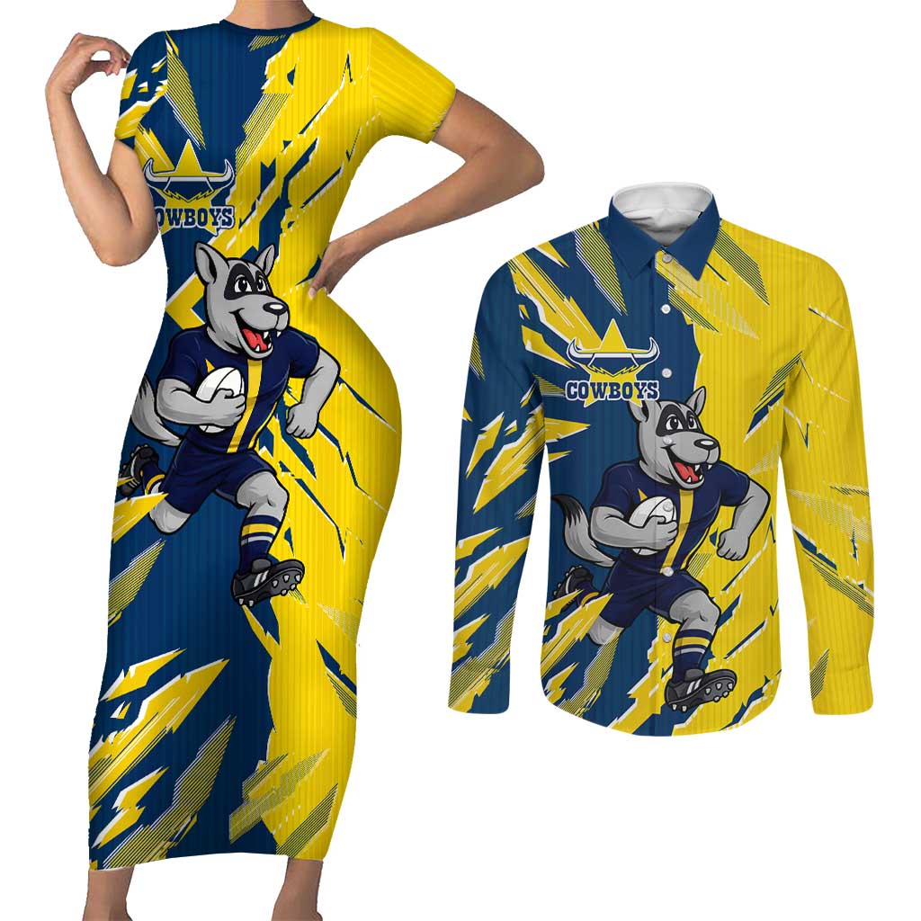 Personalized North Queensland Cowboys Couples Matching Short Sleeve Bodycon Dress and Long Sleeve Button Shirt Dynamic Lightning Mascot Rugby Australia