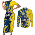 Personalized North Queensland Cowboys Couples Matching Short Sleeve Bodycon Dress and Long Sleeve Button Shirt Dynamic Lightning Mascot Rugby Australia