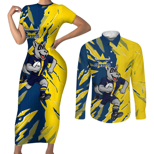 Personalized North Queensland Cowboys Couples Matching Short Sleeve Bodycon Dress and Long Sleeve Button Shirt Dynamic Lightning Mascot Rugby Australia