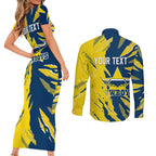 Personalized North Queensland Cowboys Couples Matching Short Sleeve Bodycon Dress and Long Sleeve Button Shirt Dynamic Lightning Mascot Rugby Australia