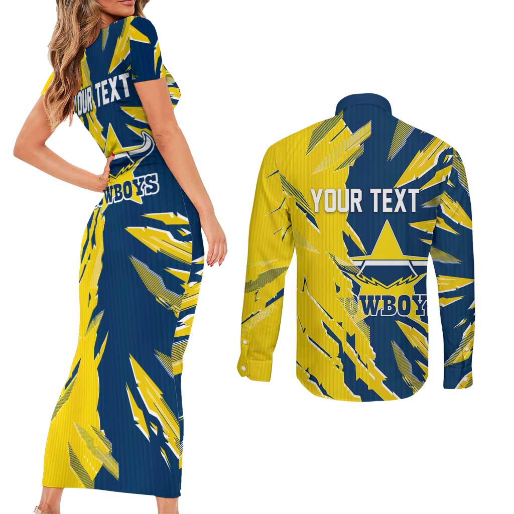 Personalized North Queensland Cowboys Couples Matching Short Sleeve Bodycon Dress and Long Sleeve Button Shirt Dynamic Lightning Mascot Rugby Australia