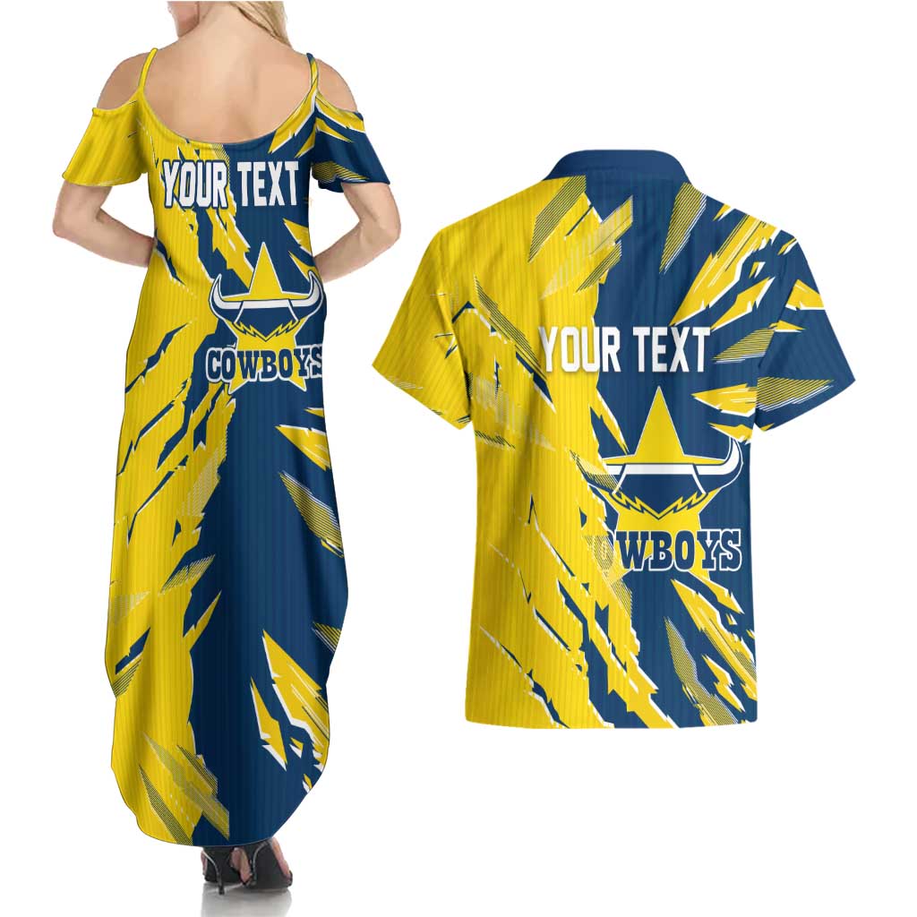 Personalized North Queensland Cowboys Couples Matching Summer Maxi Dress and Hawaiian Shirt Dynamic Lightning Mascot Rugby Australia