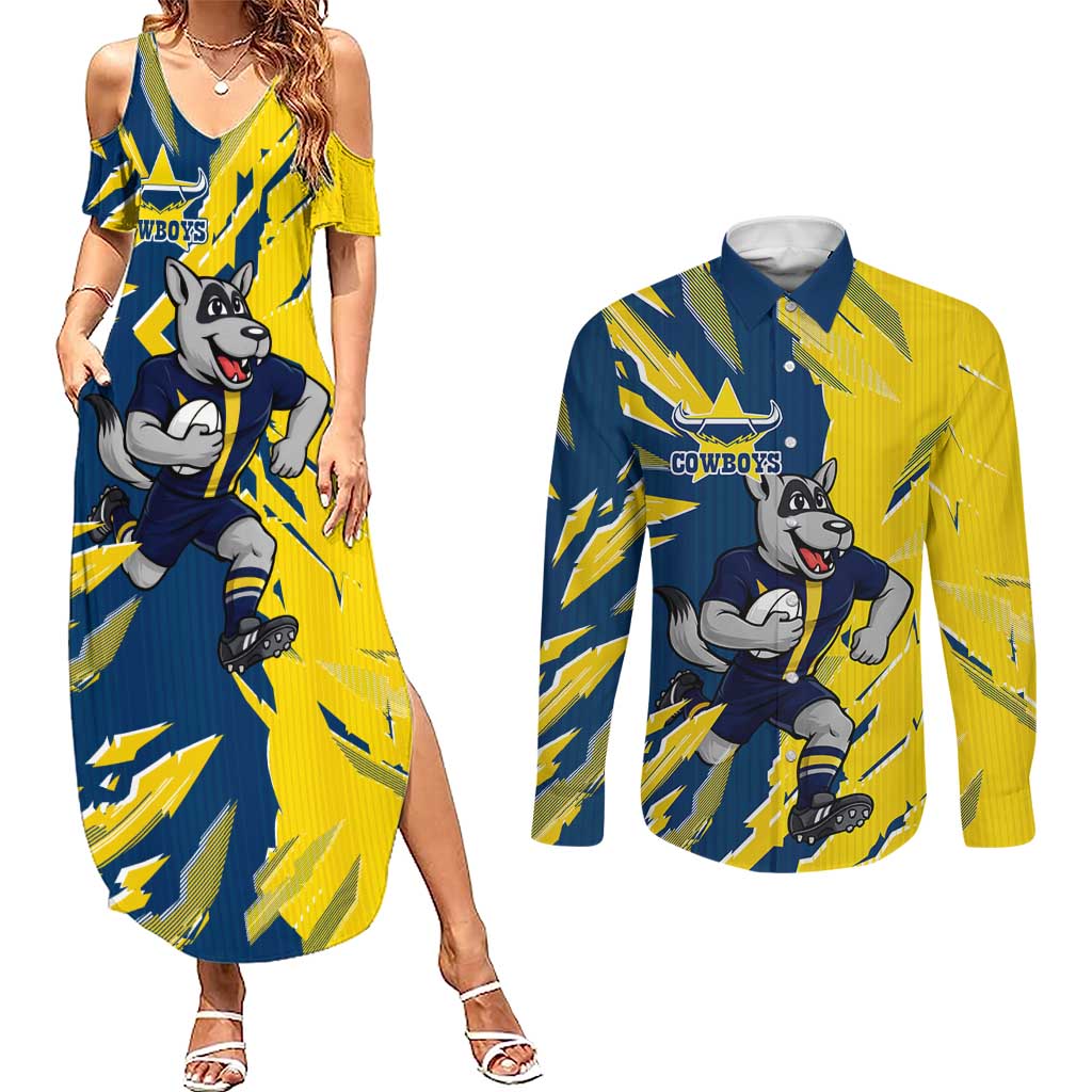 Personalized North Queensland Cowboys Couples Matching Summer Maxi Dress and Long Sleeve Button Shirt Dynamic Lightning Mascot Rugby Australia
