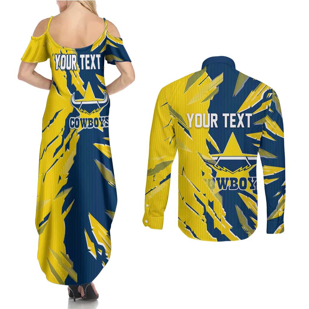 Personalized North Queensland Cowboys Couples Matching Summer Maxi Dress and Long Sleeve Button Shirt Dynamic Lightning Mascot Rugby Australia