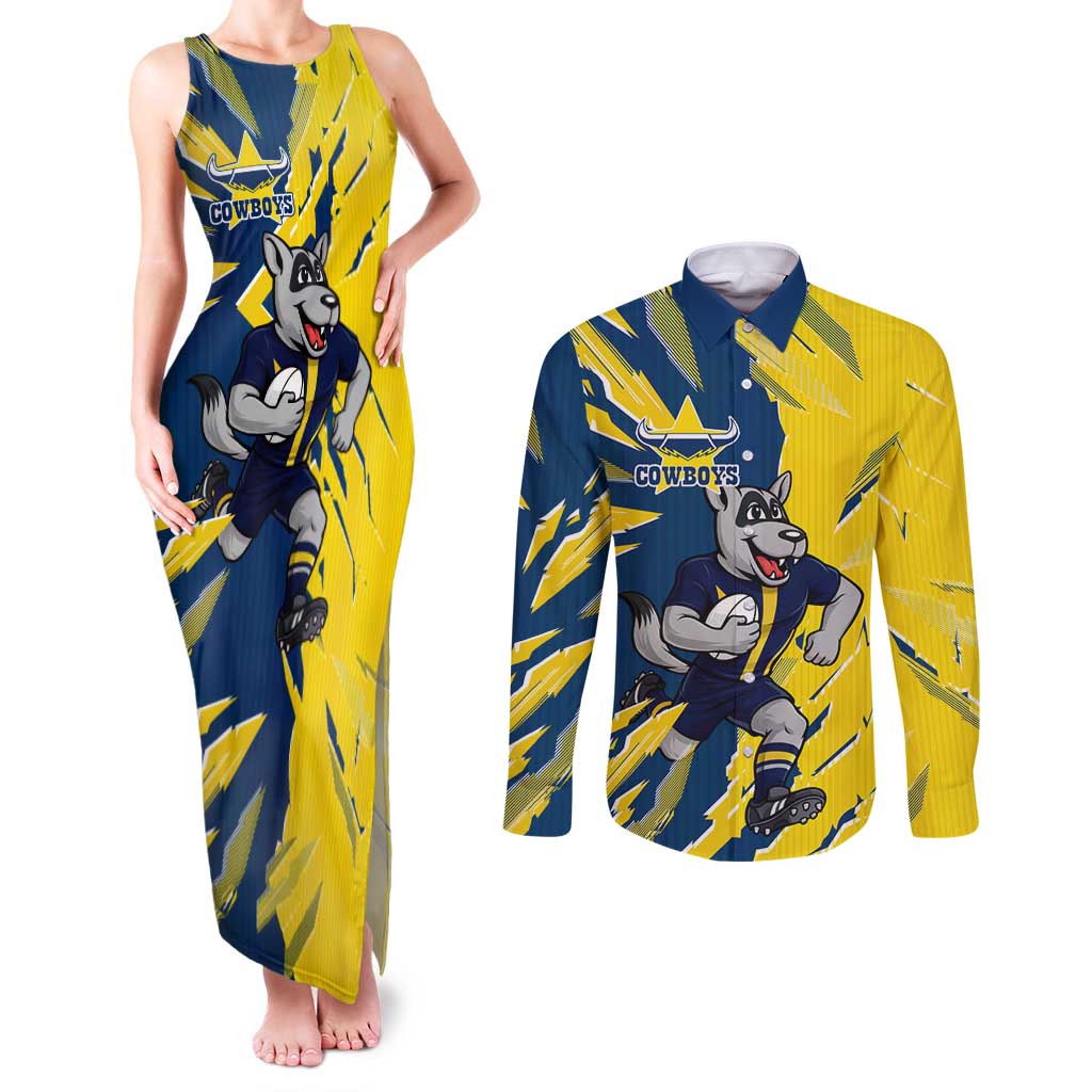 Personalized North Queensland Cowboys Couples Matching Tank Maxi Dress and Long Sleeve Button Shirt Dynamic Lightning Mascot Rugby Australia