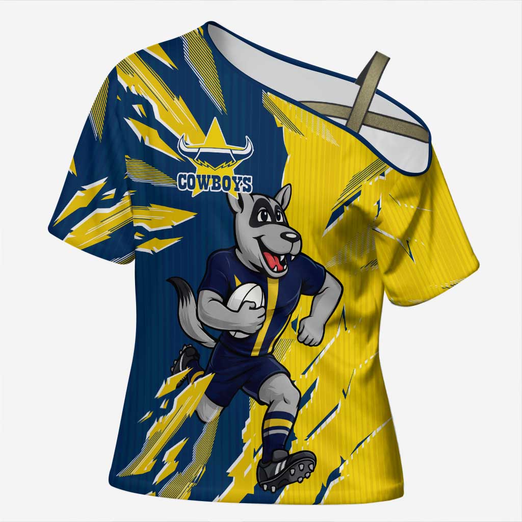 Personalized North Queensland Cowboys Cross Shoulder Shirt Dynamic Lightning Mascot Rugby Australia