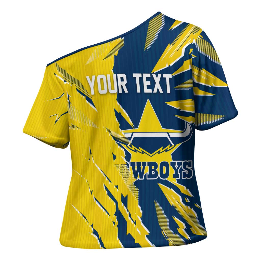 Personalized North Queensland Cowboys Cross Shoulder Shirt Dynamic Lightning Mascot Rugby Australia