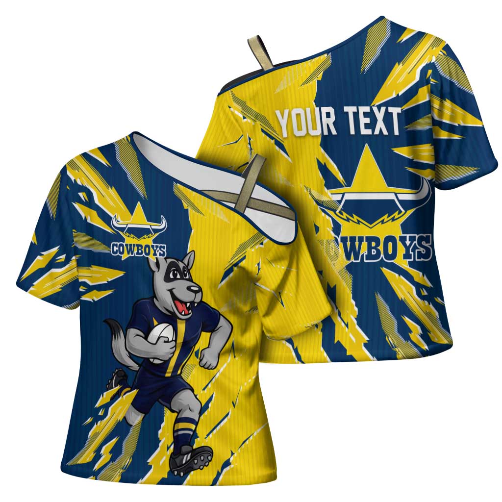 Personalized North Queensland Cowboys Cross Shoulder Shirt Dynamic Lightning Mascot Rugby Australia