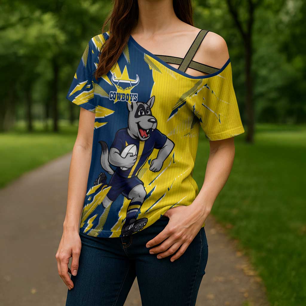 Personalized North Queensland Cowboys Cross Shoulder Shirt Dynamic Lightning Mascot Rugby Australia