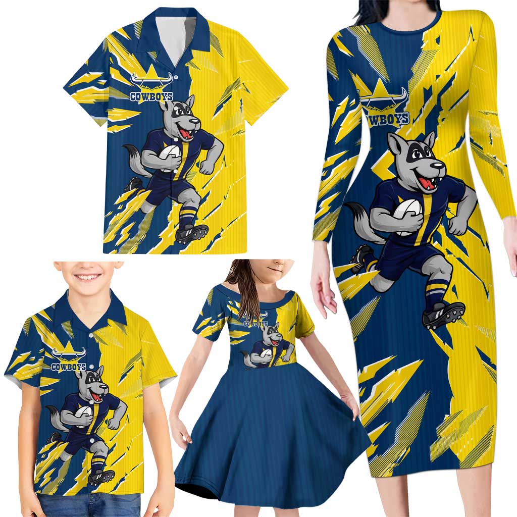 Personalized North Queensland Cowboys Family Matching Long Sleeve Bodycon Dress and Hawaiian Shirt Dynamic Lightning Mascot Rugby Australia