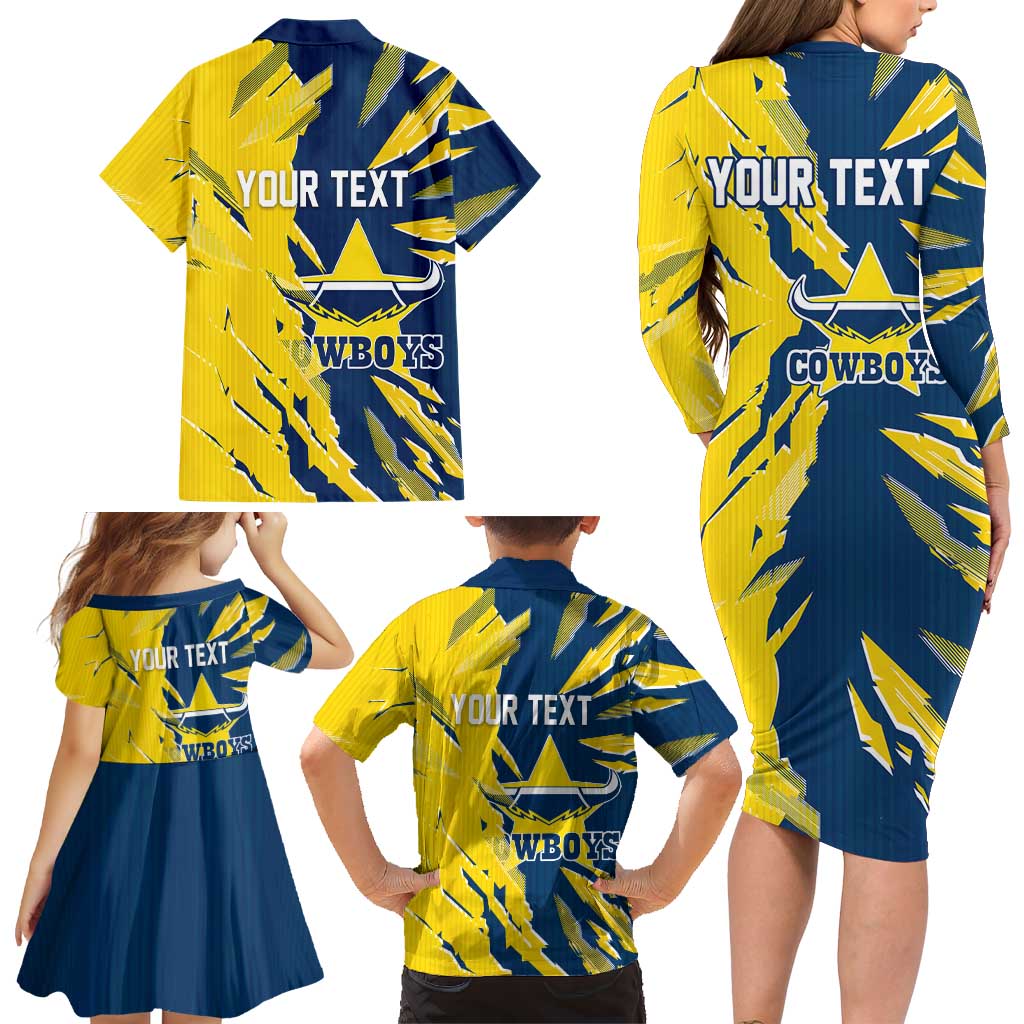 Personalized North Queensland Cowboys Family Matching Long Sleeve Bodycon Dress and Hawaiian Shirt Dynamic Lightning Mascot Rugby Australia