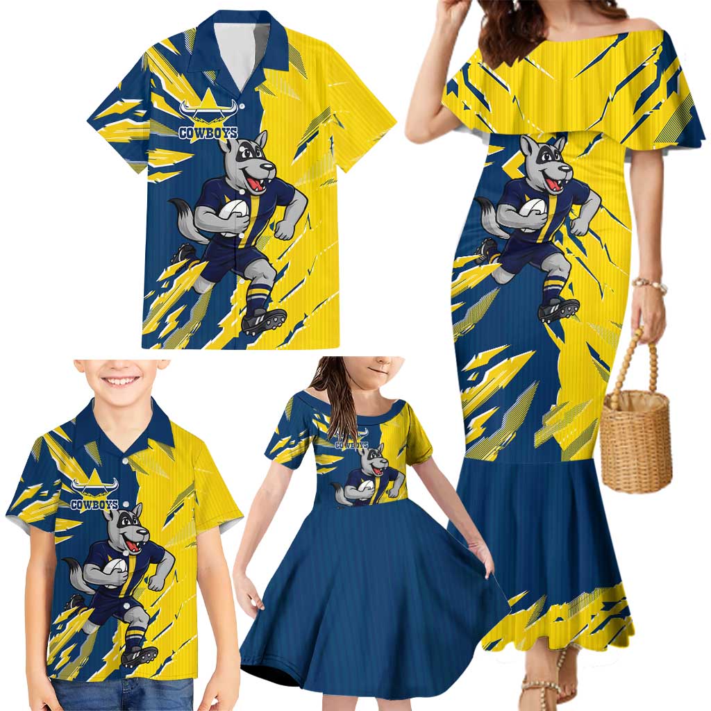 Personalized North Queensland Cowboys Family Matching Mermaid Dress and Hawaiian Shirt Dynamic Lightning Mascot Rugby Australia