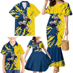 Personalized North Queensland Cowboys Family Matching Mermaid Dress and Hawaiian Shirt Dynamic Lightning Mascot Rugby Australia