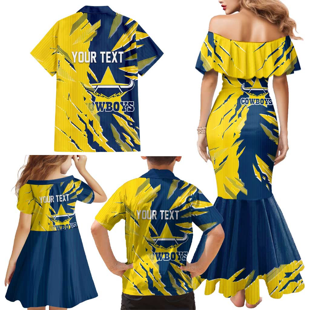 Personalized North Queensland Cowboys Family Matching Mermaid Dress and Hawaiian Shirt Dynamic Lightning Mascot Rugby Australia