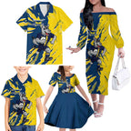 Personalized North Queensland Cowboys Family Matching Off The Shoulder Long Sleeve Dress and Hawaiian Shirt Dynamic Lightning Mascot Rugby Australia