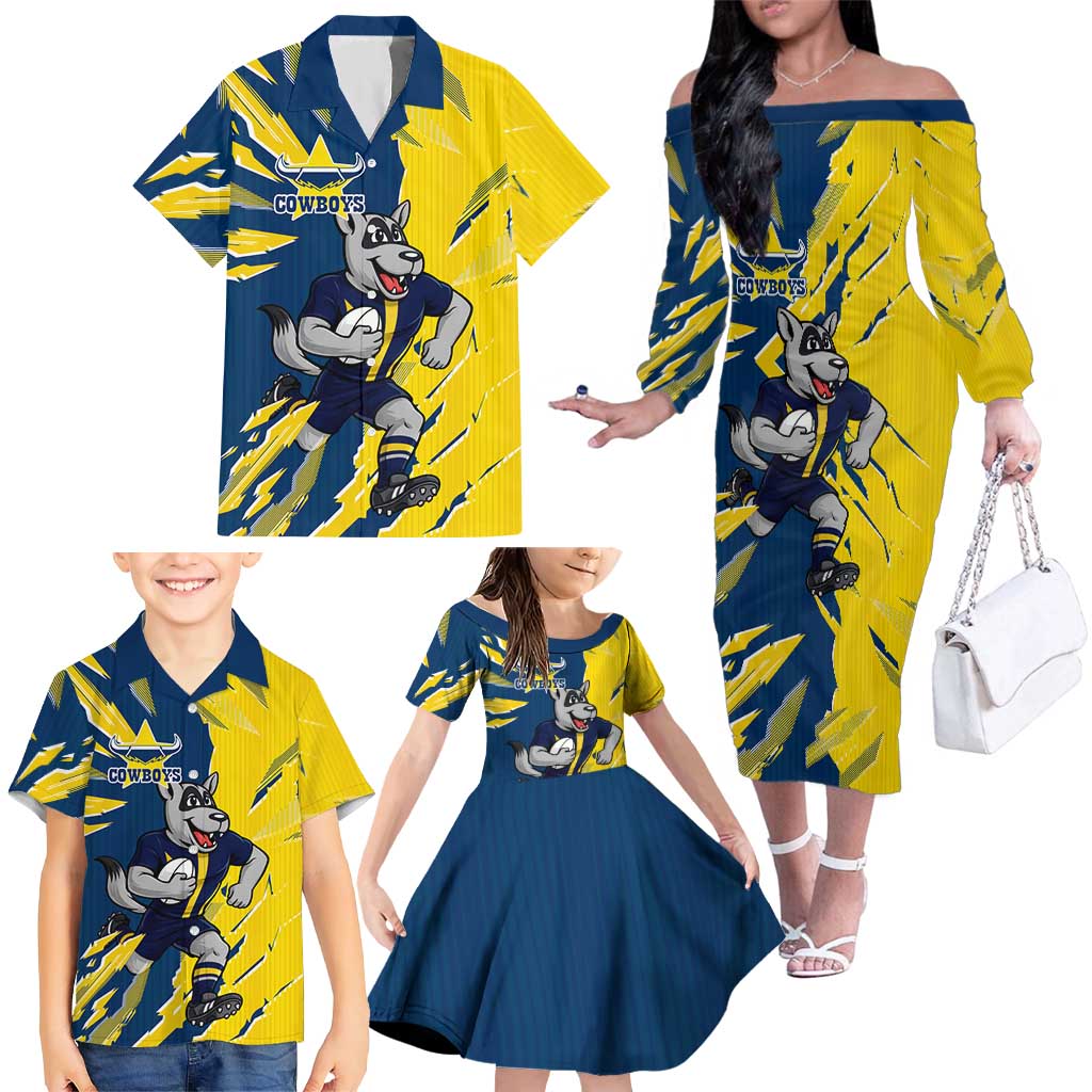 Personalized North Queensland Cowboys Family Matching Off The Shoulder Long Sleeve Dress and Hawaiian Shirt Dynamic Lightning Mascot Rugby Australia