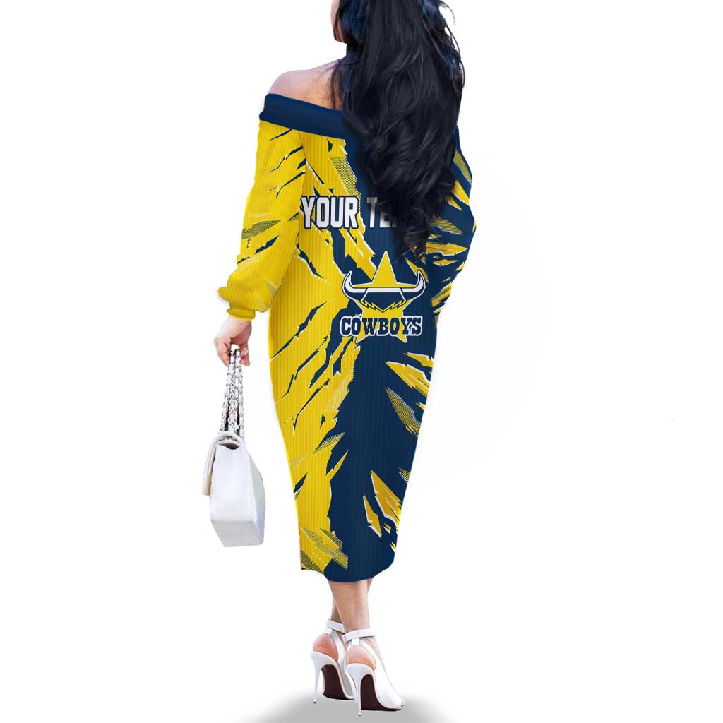 Personalized North Queensland Cowboys Family Matching Off The Shoulder Long Sleeve Dress and Hawaiian Shirt Dynamic Lightning Mascot Rugby Australia