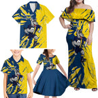 Personalized North Queensland Cowboys Family Matching Off Shoulder Maxi Dress and Hawaiian Shirt Dynamic Lightning Mascot Rugby Australia