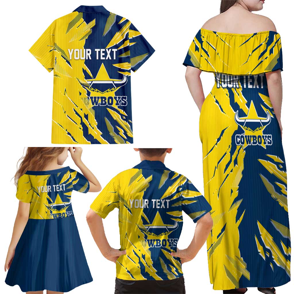 Personalized North Queensland Cowboys Family Matching Off Shoulder Maxi Dress and Hawaiian Shirt Dynamic Lightning Mascot Rugby Australia