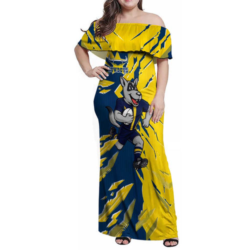 Personalized North Queensland Cowboys Family Matching Off Shoulder Maxi Dress and Hawaiian Shirt Dynamic Lightning Mascot Rugby Australia