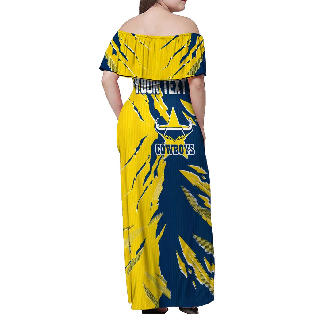 Personalized North Queensland Cowboys Family Matching Off Shoulder Maxi Dress and Hawaiian Shirt Dynamic Lightning Mascot Rugby Australia