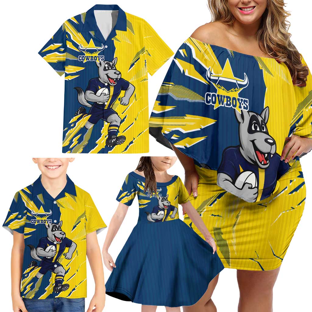 Personalized North Queensland Cowboys Family Matching Off Shoulder Short Dress and Hawaiian Shirt Dynamic Lightning Mascot Rugby Australia