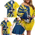 Personalized North Queensland Cowboys Family Matching Off Shoulder Short Dress and Hawaiian Shirt Dynamic Lightning Mascot Rugby Australia