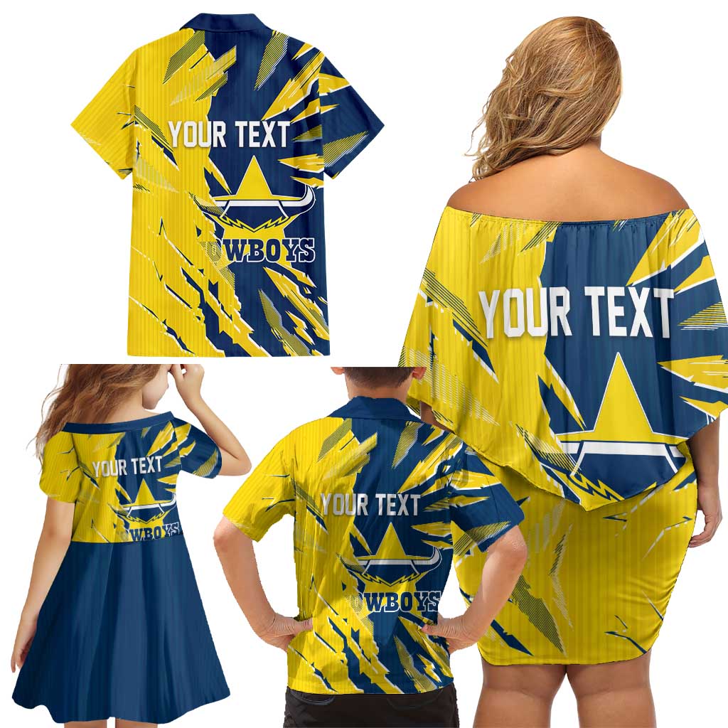 Personalized North Queensland Cowboys Family Matching Off Shoulder Short Dress and Hawaiian Shirt Dynamic Lightning Mascot Rugby Australia