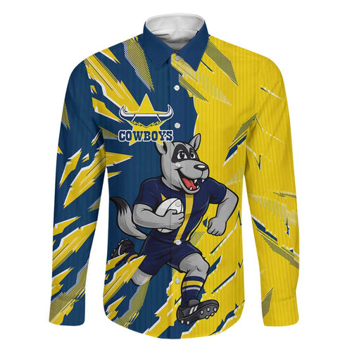 Personalized North Queensland Cowboys Family Matching Off Shoulder Short Dress and Hawaiian Shirt Dynamic Lightning Mascot Rugby Australia