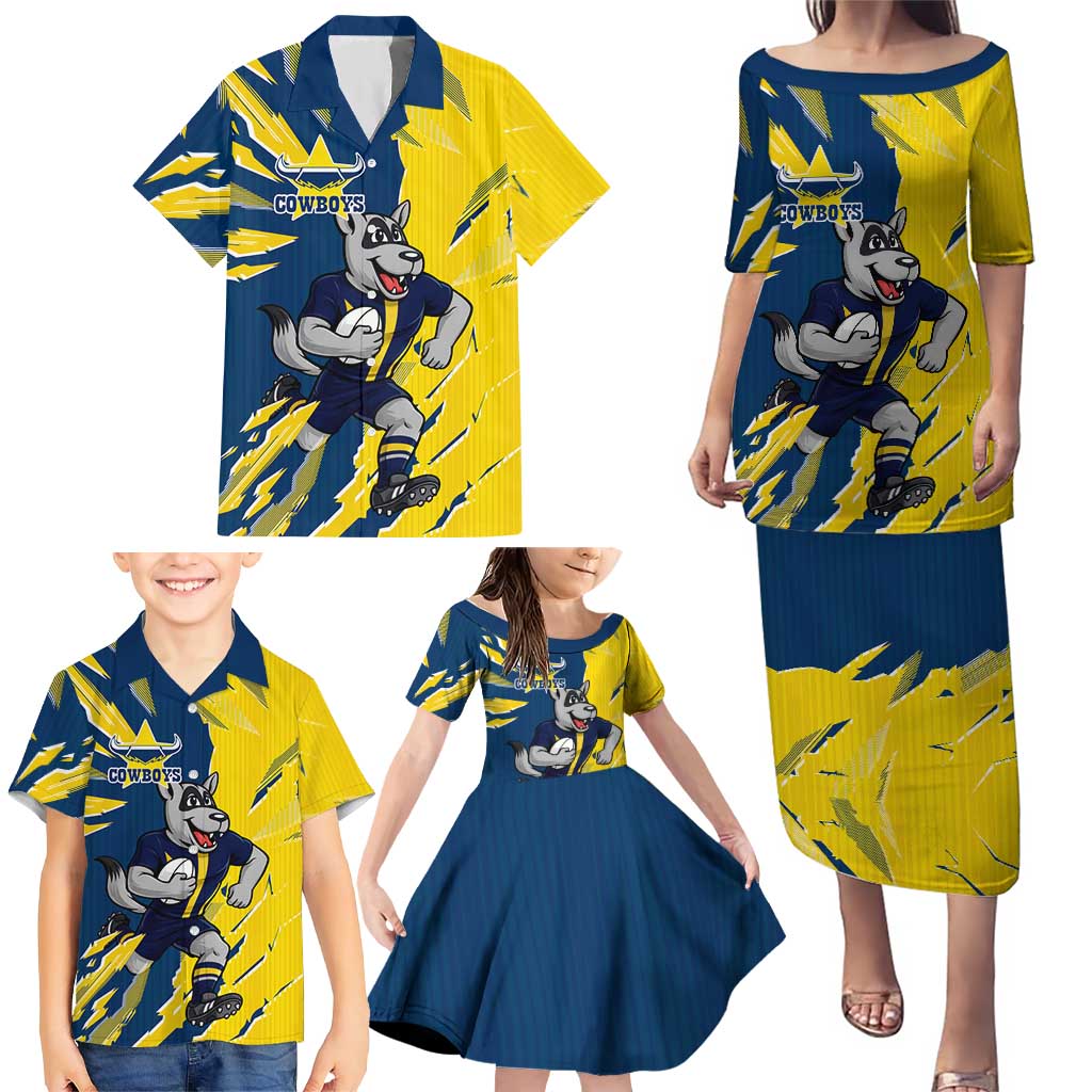 Personalized North Queensland Cowboys Family Matching Puletasi and Hawaiian Shirt Dynamic Lightning Mascot Rugby Australia