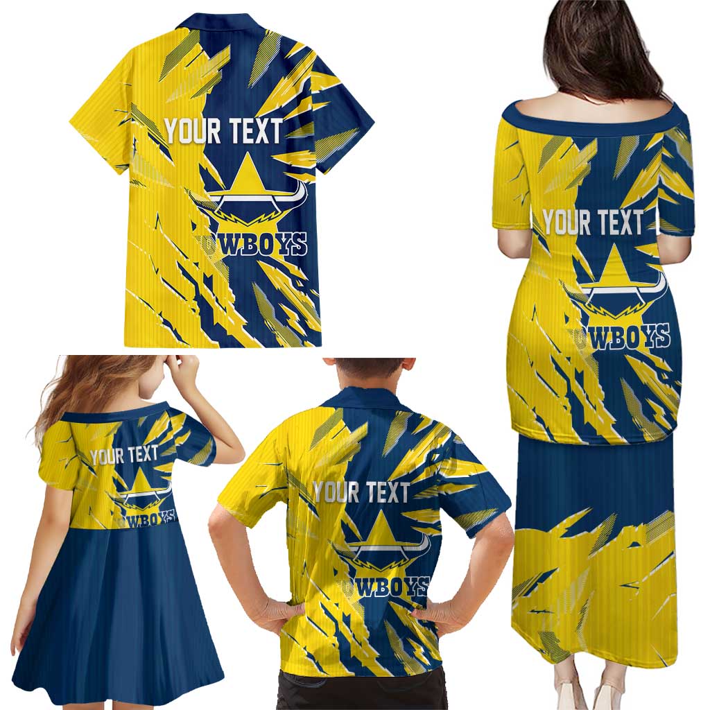 Personalized North Queensland Cowboys Family Matching Puletasi and Hawaiian Shirt Dynamic Lightning Mascot Rugby Australia