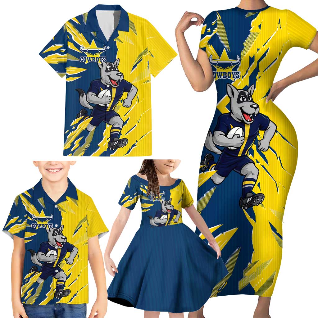 Personalized North Queensland Cowboys Family Matching Short Sleeve Bodycon Dress and Hawaiian Shirt Dynamic Lightning Mascot Rugby Australia