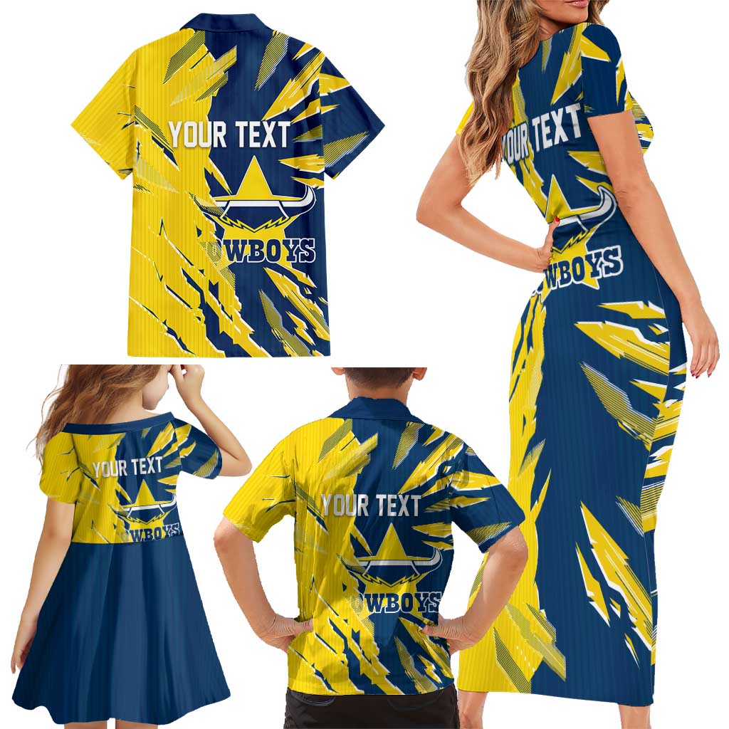 Personalized North Queensland Cowboys Family Matching Short Sleeve Bodycon Dress and Hawaiian Shirt Dynamic Lightning Mascot Rugby Australia