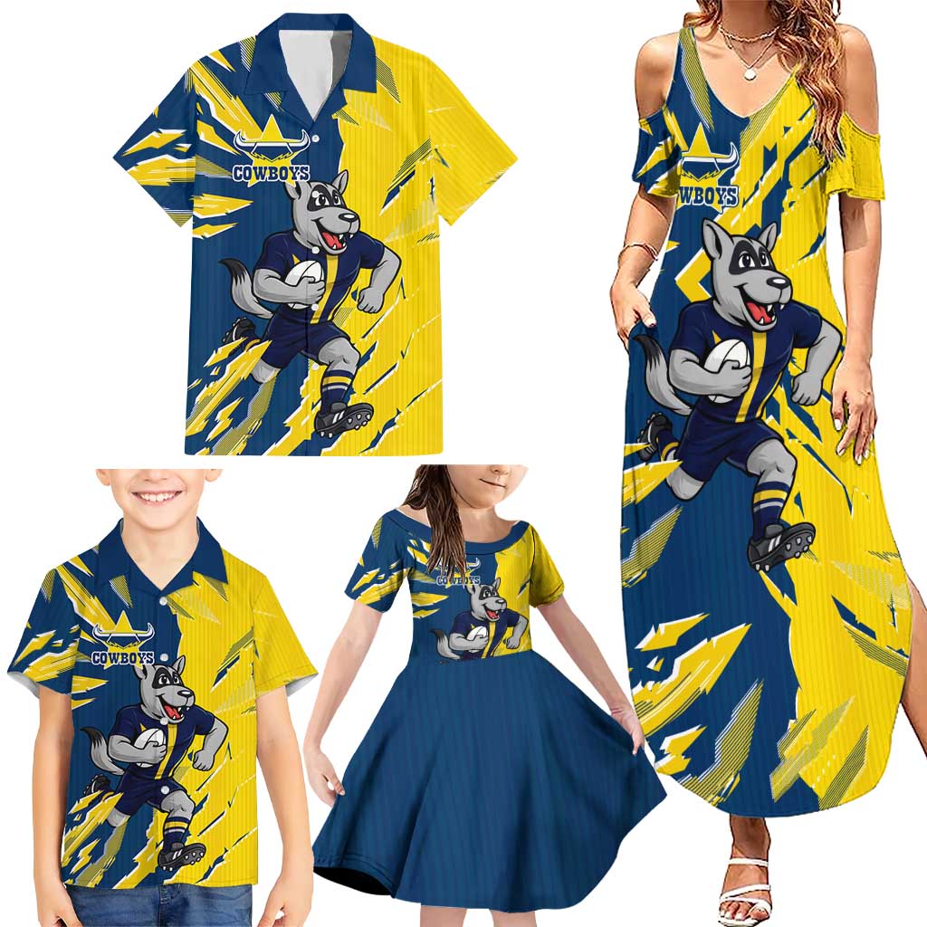 Personalized North Queensland Cowboys Family Matching Summer Maxi Dress and Hawaiian Shirt Dynamic Lightning Mascot Rugby Australia