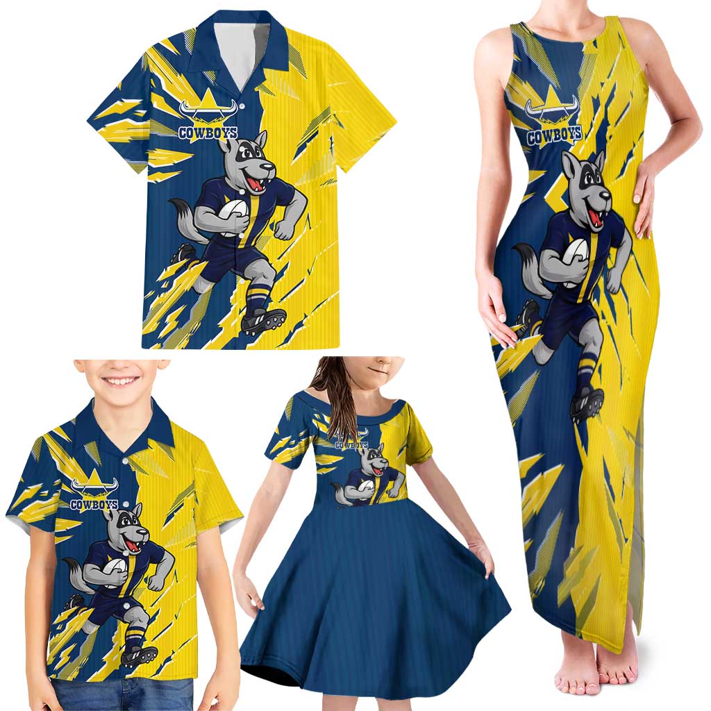 Personalized North Queensland Cowboys Family Matching Tank Maxi Dress and Hawaiian Shirt Dynamic Lightning Mascot Rugby Australia