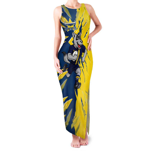 Personalized North Queensland Cowboys Family Matching Tank Maxi Dress and Hawaiian Shirt Dynamic Lightning Mascot Rugby Australia
