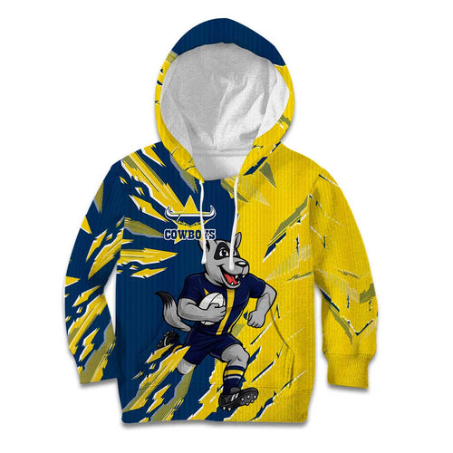Personalized North Queensland Cowboys Kid Hoodie Dynamic Lightning Mascot Rugby Australia