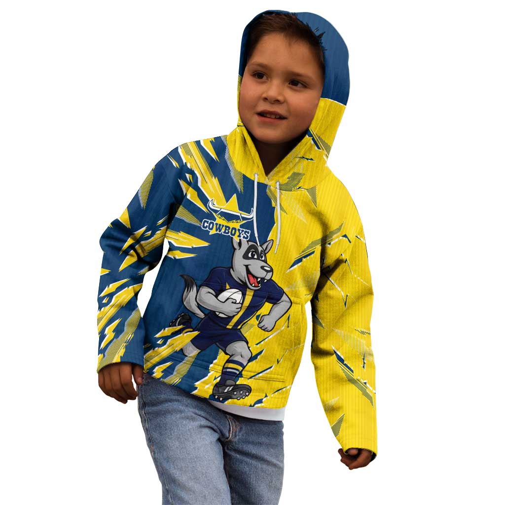 Personalized North Queensland Cowboys Kid Hoodie Dynamic Lightning Mascot Rugby Australia