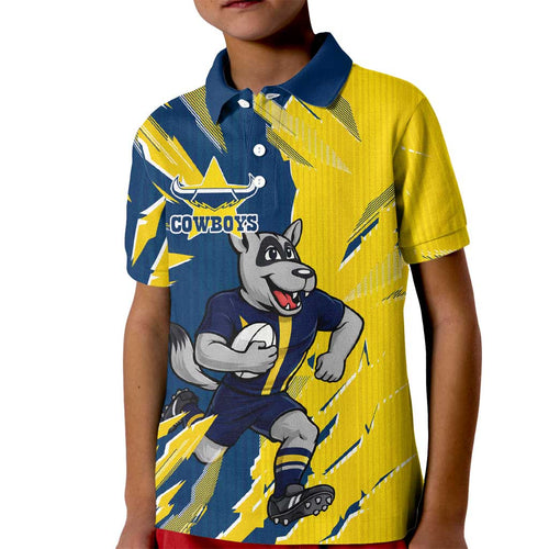Personalized North Queensland Cowboys Kid Polo Shirt Dynamic Lightning Mascot Rugby Australia