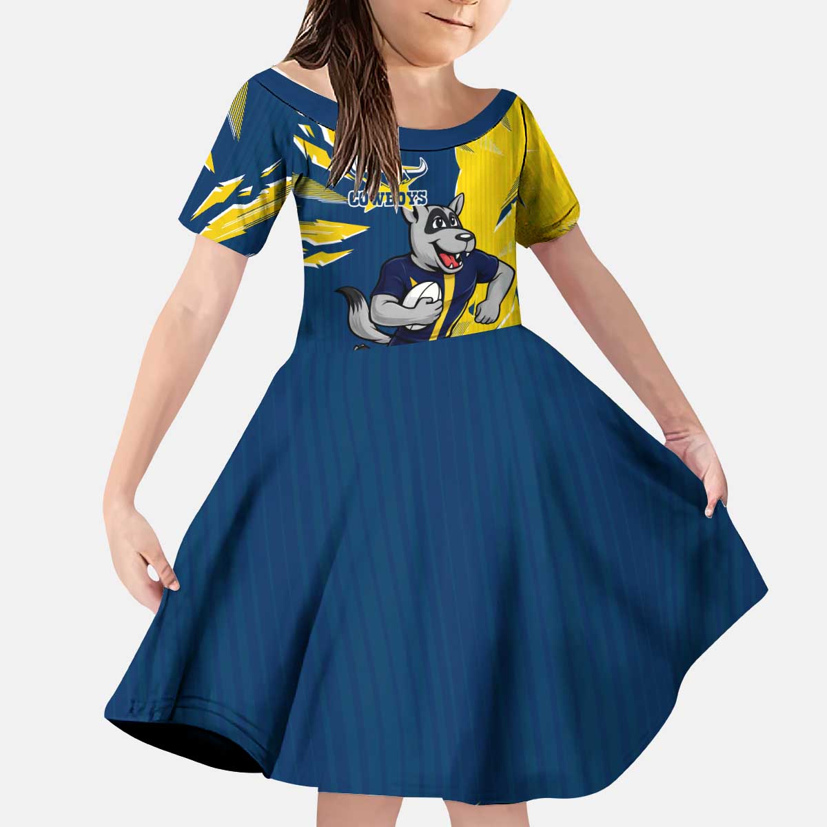 Personalized North Queensland Cowboys Kid Short Sleeve Dress Dynamic Lightning Mascot Rugby Australia