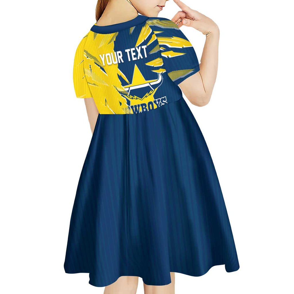 Personalized North Queensland Cowboys Kid Short Sleeve Dress Dynamic Lightning Mascot Rugby Australia